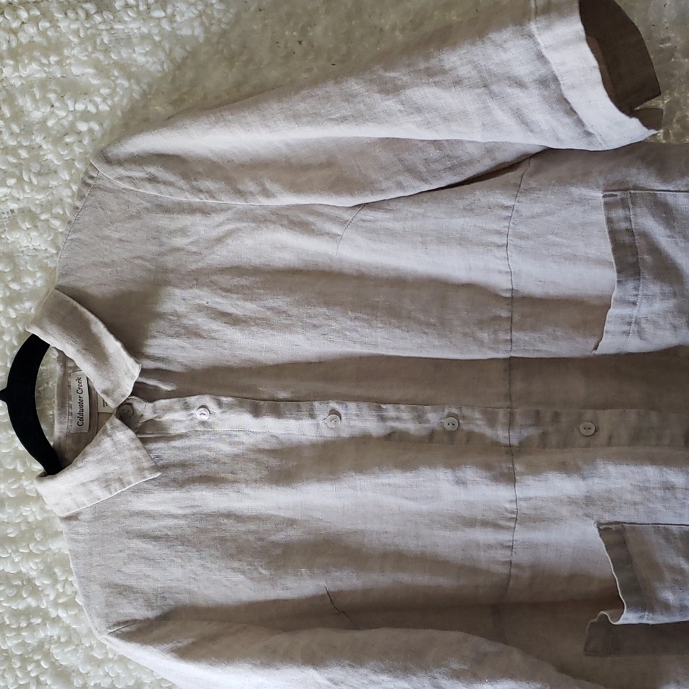 Coldwater Creek beige 100% linen short sleeve button down Large Petite